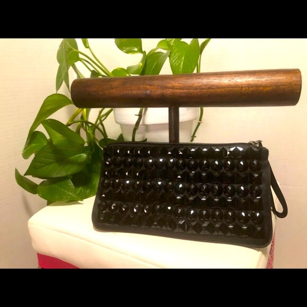 Loft black beaded formal zip clutch purse